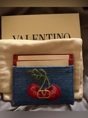 Valentino Denim Cherry Cardholder with Gold V Logo